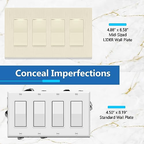Image of LIDER Decorator Switch Cover, Screwless Wall Plate, Mid-Size 4-Gang 4.88 inch x 8.58 inch, LSWP-34M-BLA, UL Listed, Thermoplastic, Brushed Light Almond, 1-Pack