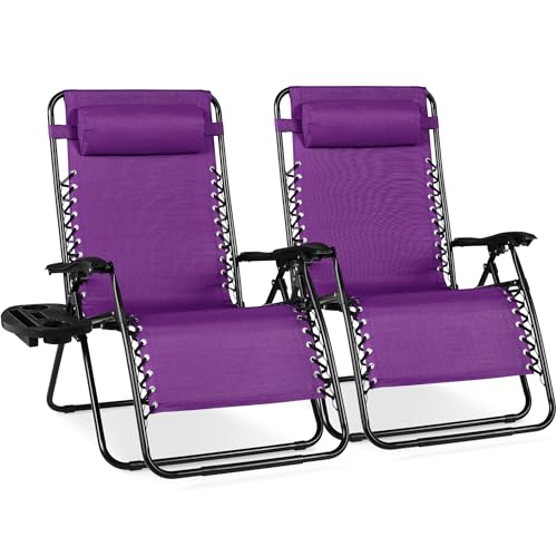 Best Choice Products Set of 2 Extra Wide Adjustable Steel Mesh Zero Gravity Lounge Chair Recliners w/Pillows and Cup Holder Trays - Amethyst Purple