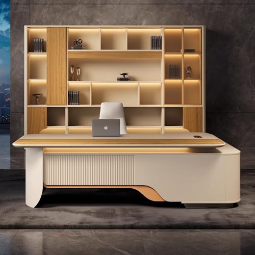 Image of Lakdi The Furniture Co Luxury Modern Director Table with Curved Design, Integrated Side Unit, Cable Management & Premium Wood Finish for Executive Office - LDL-759