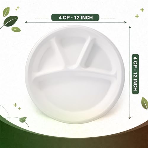 Image of Eco Aaroyaa Bagasse 12 Inch 4 Compartment Plates - Eco-Friendly Bagasse Disposable Plates - Strong Oil & Water Resistant Disposable Plates with Compartments for Parties, Catering & Events (Pack of 25)