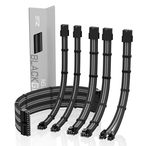 EZDIY-FAB PSU Cable Extension Kit - Sleeved 16 AWG Custom Power Supply Extension 24/8/6/4+4-PIN with Combs - Black/Grey