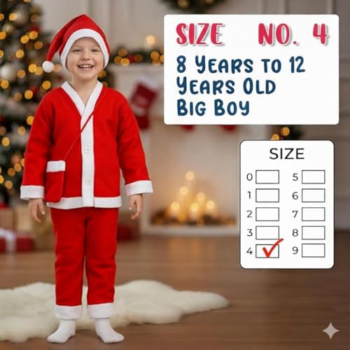 Image of PoPo Toys Santa Claus Costume for Christmas Children 9-13 Years| Red Santa Suit with Fur Trim, Belt, Hat & Beard | Fleece, Faux Fur | Xmas Party & Fancy Dress Outfit Size 4
