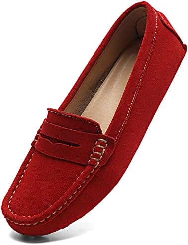 Osslue Women's Red Suede Leather Casual Penny Loafers Retro Ladies Moccasins Driving Mocs Comfort Slip-On Fashion Boat Shoes Classic Flats 6.5 M US XYM-1208-HON065