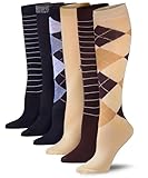 Tipi Toe Women's 6 Pairs Dark Colorful Black Cream Stripes Argyle Argyle Striped Patterned Knee High Socks, 2775KHB-T1