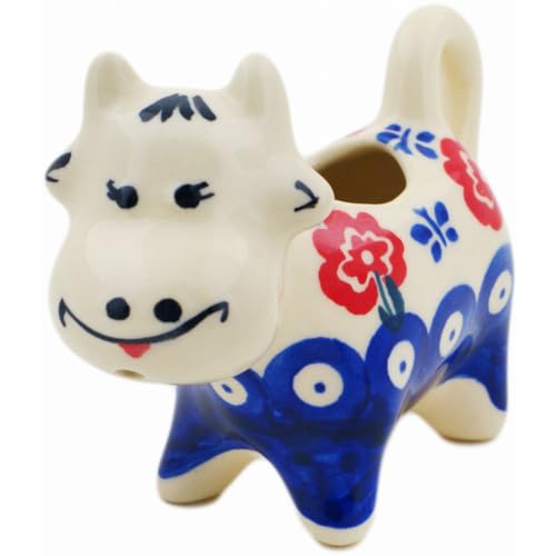 Authentic Polish Pottery Cow Shaped Creamer in Blue Eye Spring Design Handmade in Boles?awiec Poland by Ceramika Bona + Certificate of Authenticity