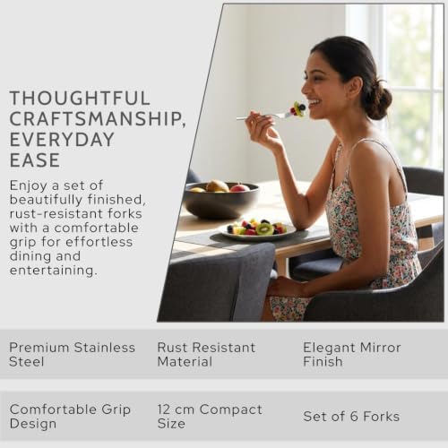 Image of Mumma's LIFE Stainless Steel Dinner Forks Set for Home & Kitchen | 12 cm Fruit Forks with Mirror Finish | Rust Resistant, Silver Cutlery for Fruits, Desserts, Snacks & Dining Table | Set of 6 Piece