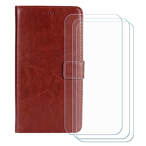 GYDQQKJ Hülle für Oukitel C2 (4.50 Zoll), Schutzhülle PU Leder + [3 Tabletten Displayschutz Schutzfolie] - Flip mit Brieftasche Card Slot Kreditkarten Geldfächern Case Braun