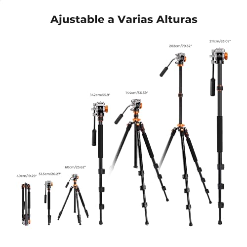 Miniatura 7 de K F Concept Trípode Camera 200cm K234a7 Fh-03 Trípode De Vídeo Compacto Con Cabeza Fluida, Trípode Para Viajar Capacidad De Carga 5kg, Trípode Con Monopie Aluminio Desmontable