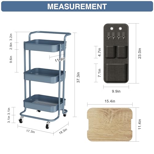 Image of DTK 3-Tier Rolling Cart with Table Top, Metal Utility Cart with Side Bags | Tray Storage Organizer, Lockable Wheels, 4 Hooks, Art Cart for Kitchen, Bathroom, Office, Craft room, Living room, Blue