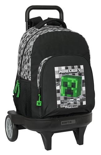 Safta Minecraft - Mochila Grande con Ruedas, Compact Evolución, Extraíble, Ideal para Niños de Diferentes Edades, Cómoda y Versátil, Calidad y Resistencia, 33x22x45 cm, Color Negro/Gris/Verde