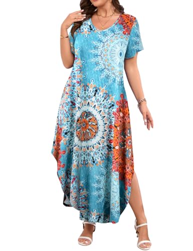 Image of JollieLovin Womens Plus Size Casual Summer Maxi Long Dress Short Sleeve T-Shirt Loose Sun Dress(L-5X)