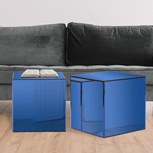 Image of Howard Elliott Collection Mirrored Finish Blue Cube Table Centerpiece, showpiece coffee table, stylish home decor accessory for bedroom or living room, measuring 16 x 16 x 16 inches