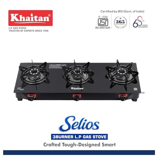 Khaitan 3 Burner Selios Black Manual Gas Stove Toughened Glass, Alloy Premium Burners, ISI Marked with 1 Year Warranty