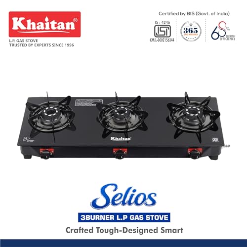 Image of Khaitan 3 Burner Selios Black Manual Gas Stove Toughened Glass, Alloy Premium Burners, ISI Marked with 1 Year Warranty