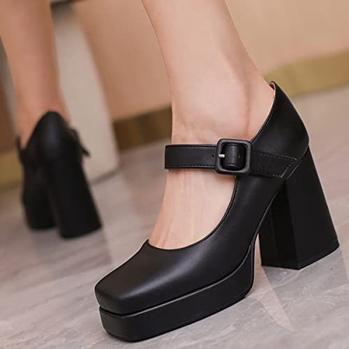 Women's Block Heel Square Toe Pumps Buckle Platform Heels Pumps3