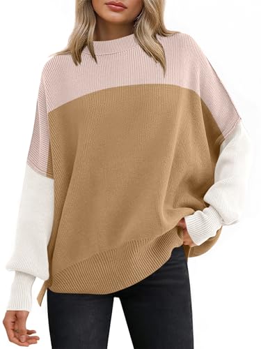 Image of ANRABESS Women Oversized Sweaters Batwing Long Sleeve 2026 Fall Outfits Crewneck Casual Knit Side Slit Fashion Pullover Top