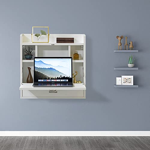 Bureau mural rabattable blanc gain de place avec tiroir et rangements