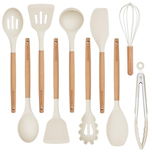 Silicone 10 Pcs Kitchen Cooking Utensils Set, Recycled Materials Certification, BPA Free Spatula Set with Heat Resistant Wood Handles for Nonstick Cookware, Cream White