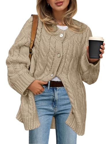 Saodimallsu Womens Cable Knit Cardigan Sweaters Chunky Button Up Long Sleeve Crew Neck Warm Loose Sweater Dress