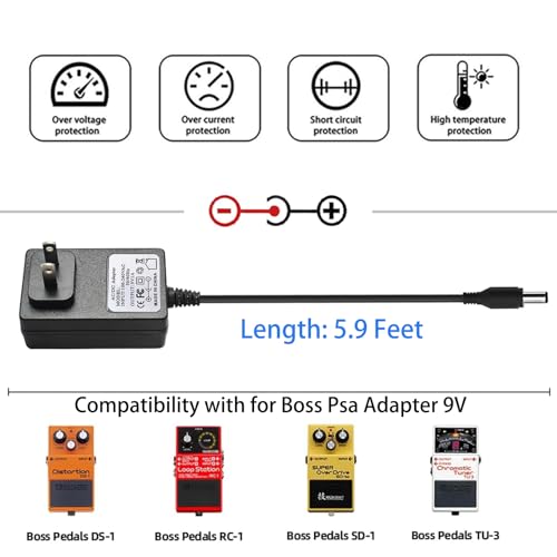 Image of 9V Power Supply Compatibility with Boss PSA Adapter 9V DC Power Cord for Guitar Pedal Boss PSA-120S DS-1 RC-1 RC-3 TU-2 TU-3 SD-1 RV-5 RV-6 DD-3 DD-7 DD-20 ME-50 ME-80 GT-10 HM-2 GT-1B