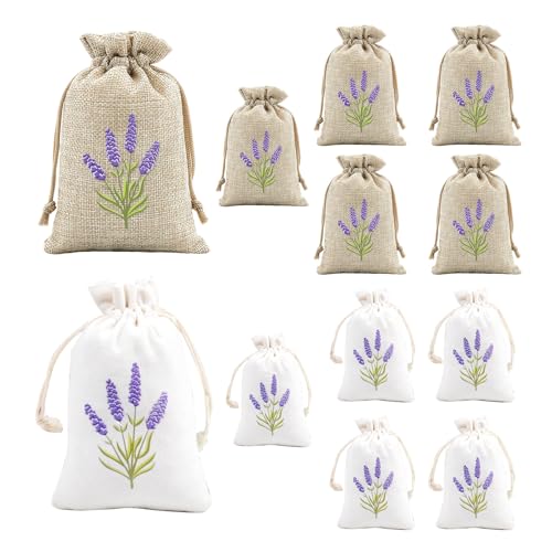Zyiphor 12 Piezas Bolsas de Lavanda Vacías 10x15cm, Bolsitas Aromáticas con Cordón y Bordado Decorativo, Saquitos De lavandas para Armarios, para Especias y Hierbas