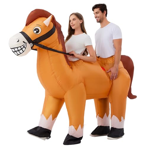 Resiwai Couple Inflatable Horse Costume for Adult 2 People Halloween Blow Up Costumes Funny Cowboy Ride on Horse Suit for Men Women Cosplay