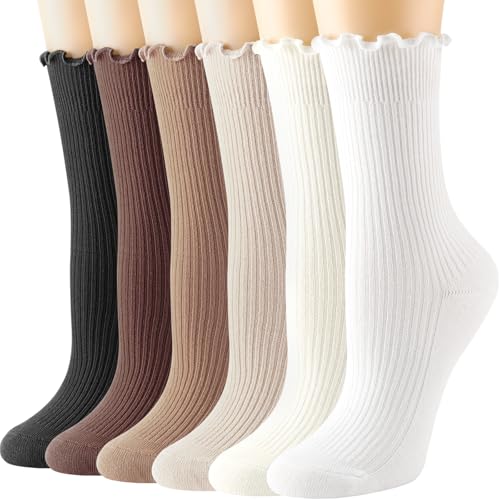 DRESHOW 6 Pares Calcetines con Volantes para Mujer Calcetines de Algodón de Punto Transpirables con Volant Calcetines Casuales de Color Sólido para Mujeres y Niñas