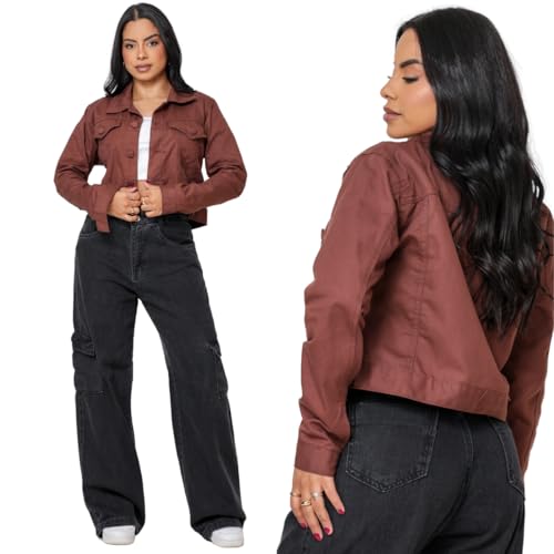 Jaqueta Feminina Jeans Marrom com Detalhe em Botão Forrado (BR, Alfa, G, Regular, Regular, Marrom)