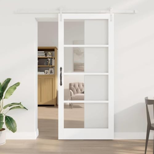 Teenpull Puerta corredera ORKDAL blanca 93 x 211 cm madera maciza de pino y cristal interior con riel deslizante y ruedas para salón, dormitorio, cocina y garaje, ahorra espacio, funcional