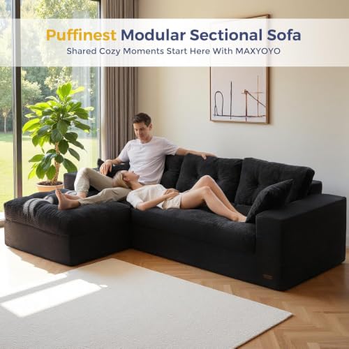 Image of MAXYOYO Boneless Couch, 104-Inch L-Shaped Cloud Couch with Ottoman | Black Upholstered Sofa Features Layered Cushions and Flexible Modules with No Assembly, Ideal for Modern Living Rooms.