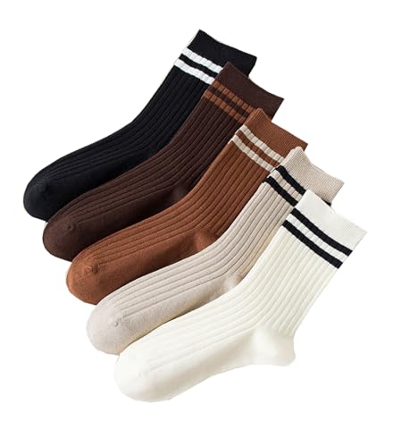 Image of Deeorla Womens Striped Crew Socks Brown Vintage Retro Athletic Socks 5 Pairs