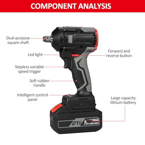 Daconovo Chave de impacto sem fio de 21V Torque máximo 350N.m, chave de impacto sem escova de 1/2 po