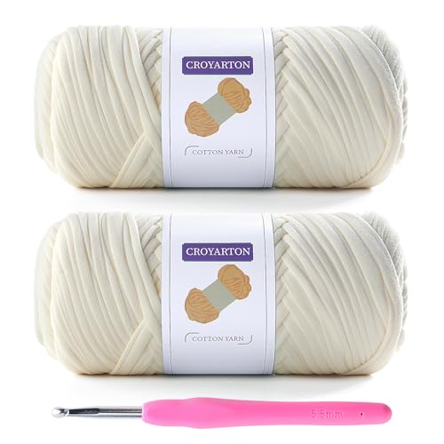 Image of 2 Pack T Shirt Yarn for Crocheting with 1 Crochet Hook, Elastic Tshirt Yarn for Crochet Bag /Baskets /Home Decor, Spaghetti Yarn Thick Knitting Yarn Total Length 130 Yds, Weight 14 Oz (Cream)
