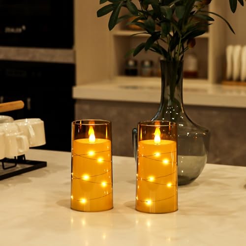 Image of Aignis Flickering Flameless Candles Battery Operated Candles LED Candles with Remote Timer for Home /Wedding /Birthday /Holiday Decor ,Brown 3D Flame Set of 2 (D3 xH6 6 inch)