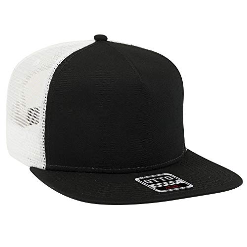 Otto Square Flat Visor SNAP 5 Panel Mesh Back Trucker Snapback Hat - Blk/Blk/Wht