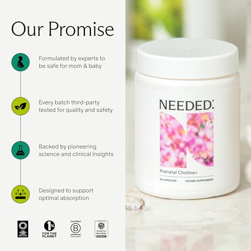 Image of Needed. Prenatal Choline+ for Cognitive Development, 30 Liquid Capsules | Choline Supplements For Pregnancy, Aids Baby Brain Development & Supports Healthy Pregnancy, Third Party Tested