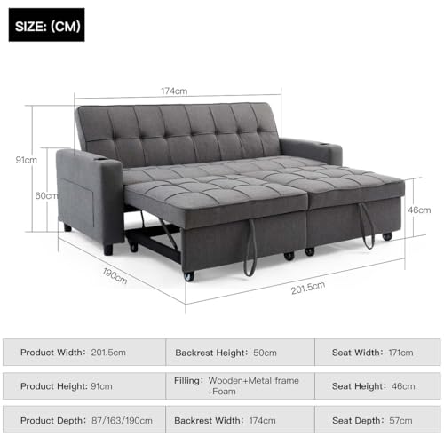 More4Homes HUDSON 3-SEATER SOFA BED LINEN FABRIC WITH CUP HOLDERS GREY