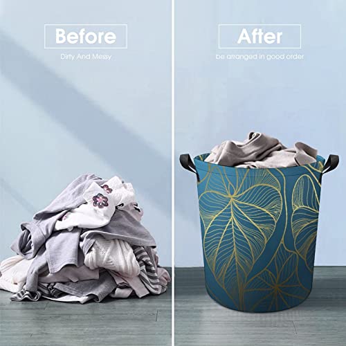 Gold Exotic Floral Leaves 17.3In Laundry Baskets For Bedrooms Tropical Plants Collapsible Laundry Hamper With Handles Round Toy Bin For Dirty Clothes,Kids Toys,Bathroom #TOP4