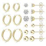 CHARIFIN - arete de oro para mujer, diseño de hélice, de acero inoxidable, con forma de aro y circonita cúbica, juego de 9 pares, Acero inoxidable Circonita cúbica, Circonia cúbica