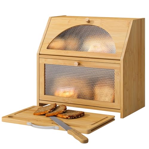 Bamboo Bread Box with Cutting Board, Double Layer Extra Large Bread Storage Bin with Door Panel for Kitchen Counter (Natural)