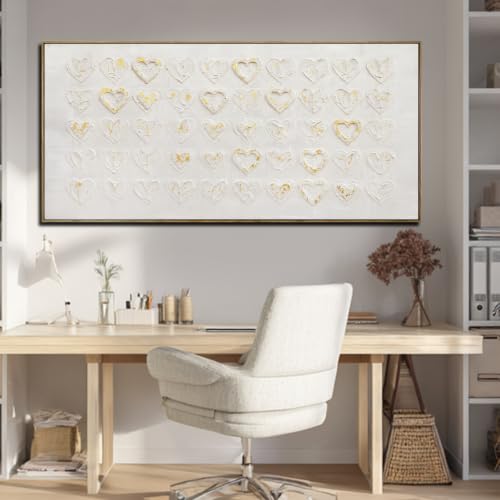 Image of VAYIMDH Metal Heart Wall Art Decor Love Heart Paintings Pictures Gold And White Wall Decor Artwork For Office Bedroom Living Room 24 inchx48 inch