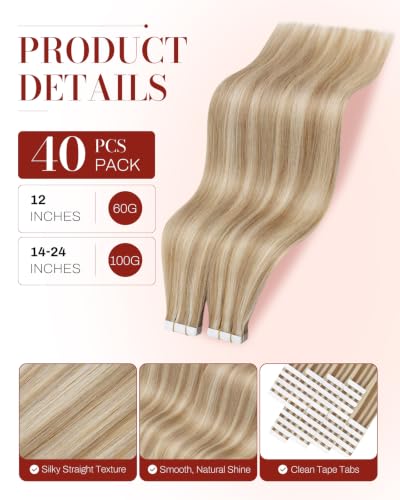 Image of Moresoo Blonde Skin Weft Tape Extensions Human Hair, 12 Inch, 40Pcs, 60g | Invisible Tape ins, Remy Straight Human Hair, Seamless Skin Weft, Short Hair Extensions, Fine Hair, Volume Boost, Style