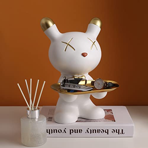 Ceramic Joe Creative Rabbit Resin Tray Handmade Key Jewelry Watch Storage Tray Home Living Room Table Decoration (White-10in)
