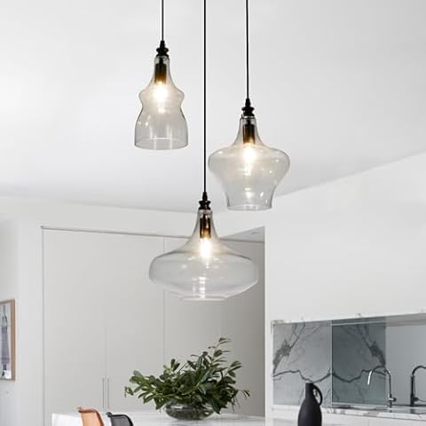 LDDBEN Industrial Black 3-Light Pendant Light, Modern Cognac Clear Glass Shade Adjustable Height Pendant Ceiling Light Fixture for Dining Room Kitchen Island Hallway Farmhouse Cover