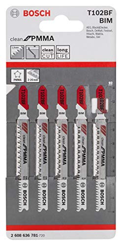 Bosch 5x Stichsägeblatt T 102 BF Clean for PMMA (für Plexyglas- & Acrylplatten, Professional Zubehör Stichsäge) – Ansicht 1
