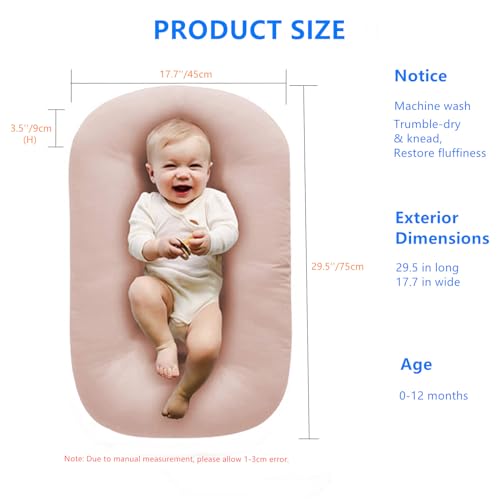 Image of Baby Lounger, Baby Lounger for Newborn 0-24 Months, 100% Breathable Cotton Baby Nest for Tummy Time & Diaper Changes, Portable Infant Essentials for Home & Outdoor(Pink)