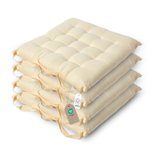 Homescapes 4er Set Stuhlkissen 40x40 cm Creme – Sitzkissen Outdoor/Indoor mit Baumwollbezug, Sitzpolster waschbar und Oeko-TEX-Zertifiziert für Esszimmer-, Küchen- & Gartenstühle