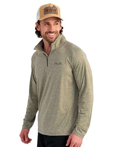 HUK Mens Airweight 1/4 Zip, Lightweight Performance Long Sleeve Pullover with UPF Sun Protection, Heather Moss, Medium
