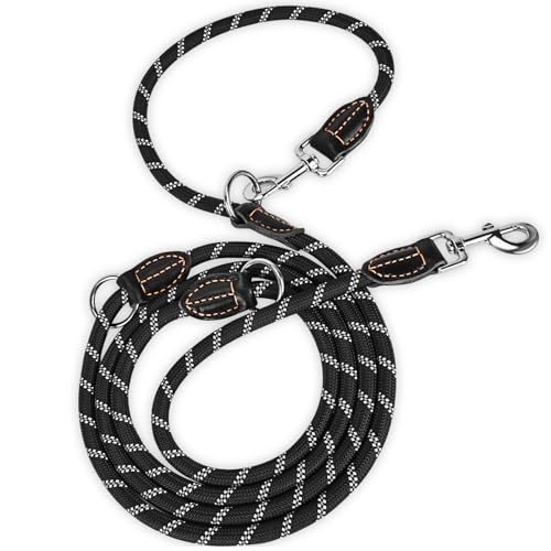 TAVADA Hundeleine für Große und Mittelgroße Hunde - 3m Verstellbar, Nylon Doppelleine Mit 2 Karabiner, Schwarz