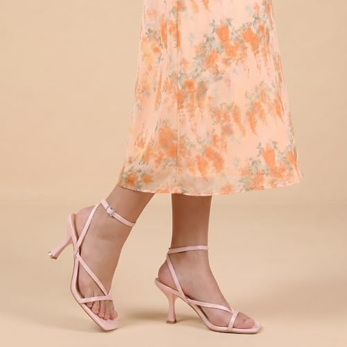 Image of Carcuume Womens Kitten Heels Square Toe Thong Strappy Ankle Strap Stiletto Heel Sandals